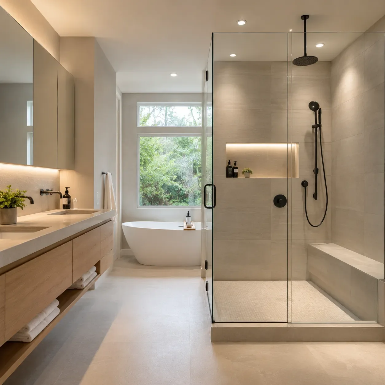 Modern bathroom renovation inspiration with glass shower and freestanding tub